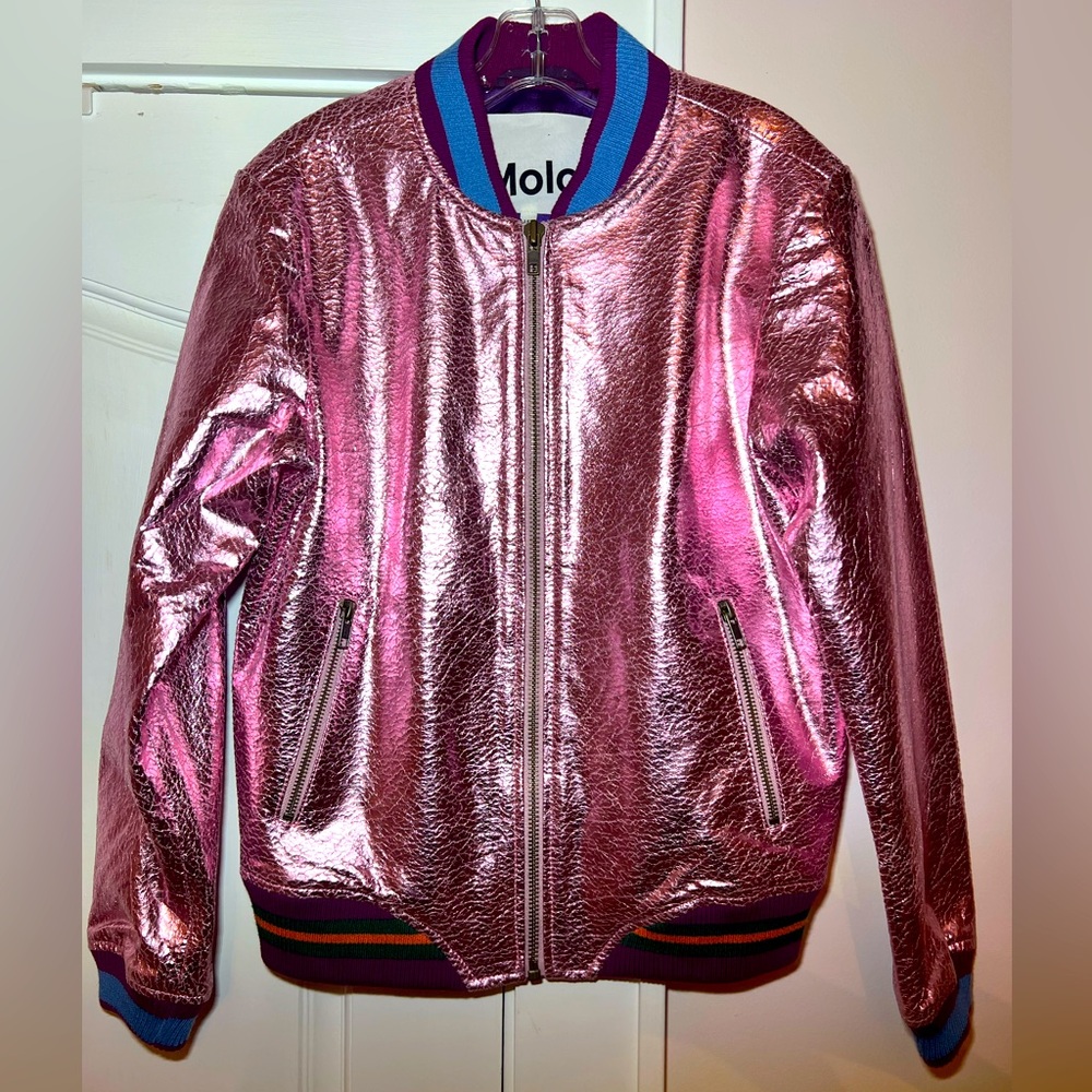 Molo Metallic Pink Bomber Jacket with Blue-Trim Collar